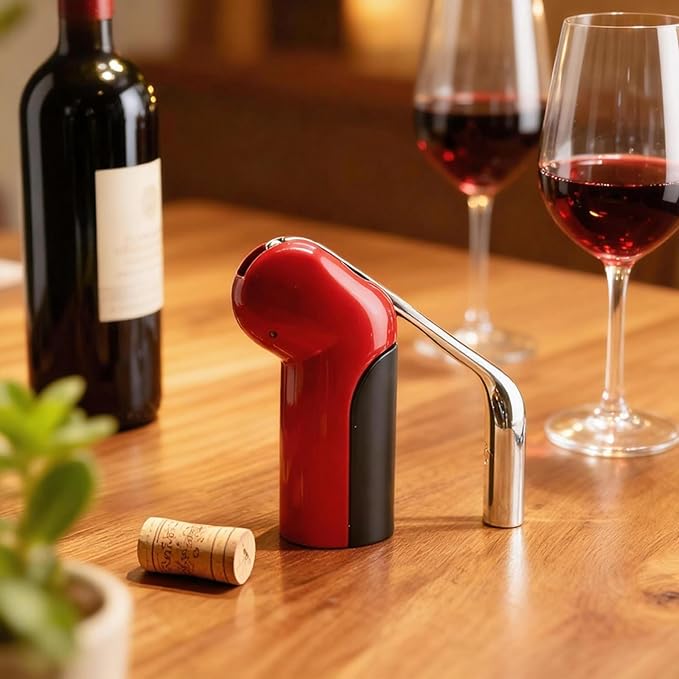 Vertical Corkscrew Wine Opener, One-Pull Manual Lever Bottle Opener with Foil Cutter, Red Easy Cork Remover for Home Bar, Parties, Gifts