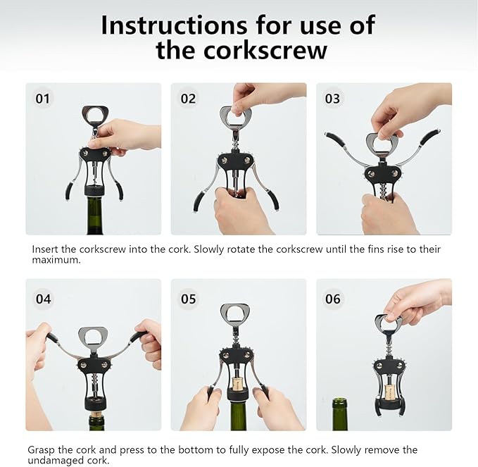 Wine Opener, Zinc Alloy Wine Bottle Opener, Wing Corkscrew Wine Bottle Opener, 2-in-1 Multifunctional Design (black)