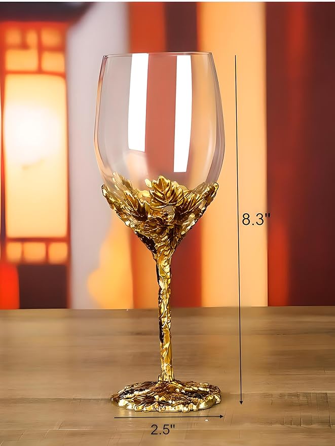 Simcat Handmade Painted Enamel Flower Glass Wine Glasses Transparent Refined Goblet, Stem For Cabernet, Gifts (gold single gift box)