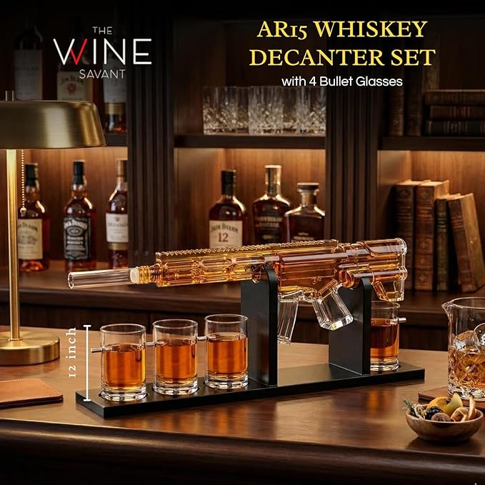 AR15 Gun Decanter Birthday Gifts for Men Dad, Whiskey Set - Rifle Limited Edition, Silencer Stopper - 800 ml & 12oz Bullet Glasses - Father Gift - Drinking Party, Liquor, Vodka Tik Tok Viral Dispenser