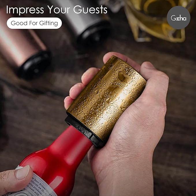 GOCHA | Magnetic Beer Bottle Opener with Automatic Cap Catcher – Stainless Steel Push-Down Gadget, One-Hand Bar Tool for Beer & Soda Bottles (Gold)