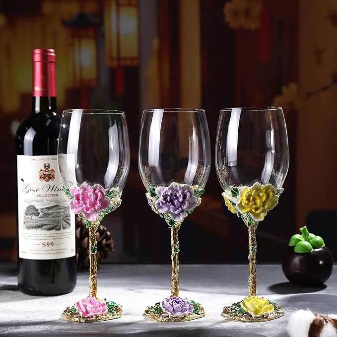 Simcat Handmade Painted Enamel Flower Glass Wine Glasses Transparent Refined Goblet, Stem For Cabernet, Gifts (pink double gift box,big flower)