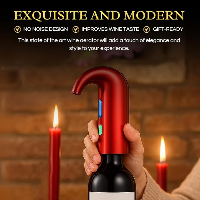 Electric Wine Aerator Dispenser - Portable Premium Opener Accessory for Red & White Wines - Touch Activated Aeration for Spirits - Spout Pourer - Beginner and Enthusiast Gift (RED)
