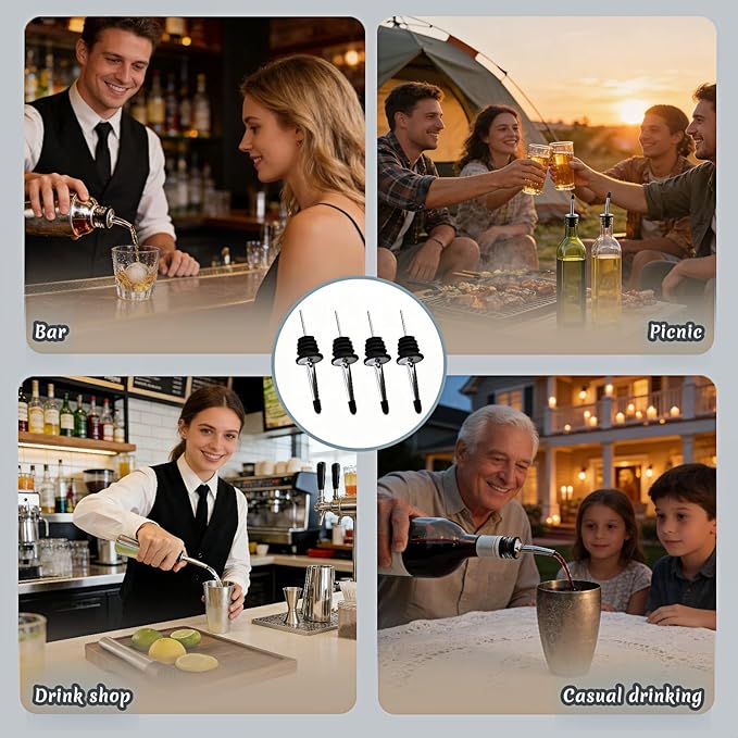 4PCS Premium Wine and Oil Pourer Set, 304 Stainless Steel Pour Spouts for Liquor & Oil - Reusable, Dishwasher Safe, Precision Flow Control, Leak-Proof Seal, Fit Most Wine & Whiskey Bottles (S (Hat1))