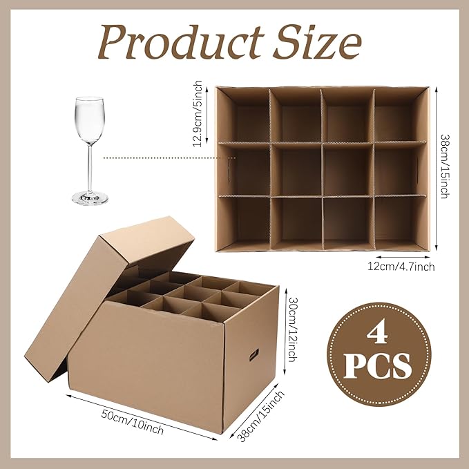 Feifeiya 4 Pack Wine Glass Moving Boxes Kitchen Moving Boxes with Handle Kitchen Kit with Lid for Dish Glassware (Brown,20 x 15 x 12 Inches)
