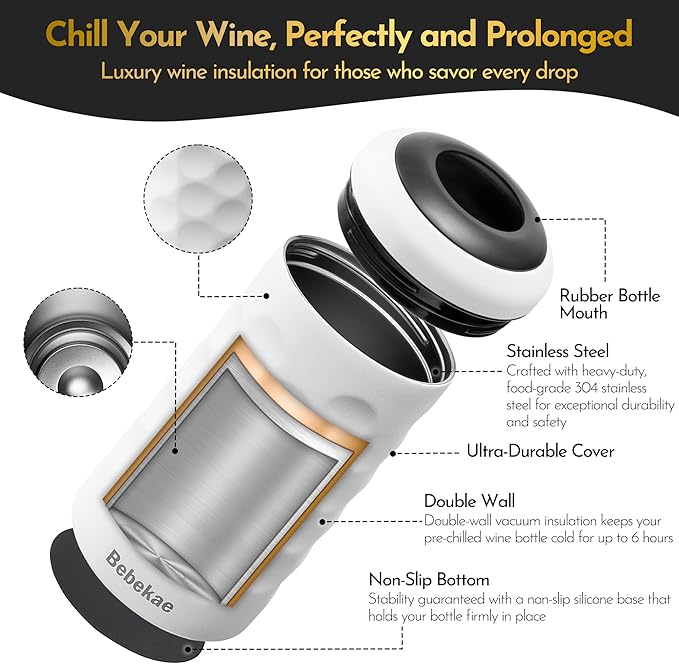 Keep Wine Cold for 6+ Hours Wine Chiller – Double Walled Stainless Steel Wine Bottle Chiller | Vacuum Insulated Wine Chillers for Bottles | Fits Most 750ml Wine & Champagne Bottles