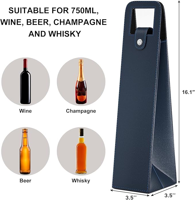 RYDDOY Wine Gift Bag, Reusable Leather Wine Tote Carrier, Single Bottle Champagne Beer Gift Bags Carrier for Birthday, Wedding, Picnic Party,Christmas festival Gifts (Blue)