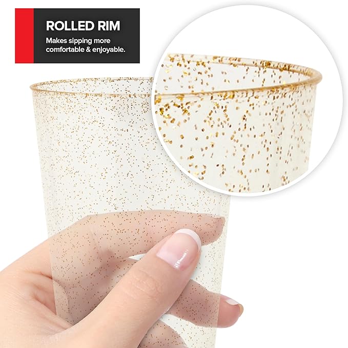 14oz Gold Glitter Plastic Cups (100 Pack), Elegant Party Cups for Birthday Parties, Weddings, and Holidays, Fancy Disposable Cocktail Glasses, Clear and Gold Cups, Bulk Wine and Mimosa Cups