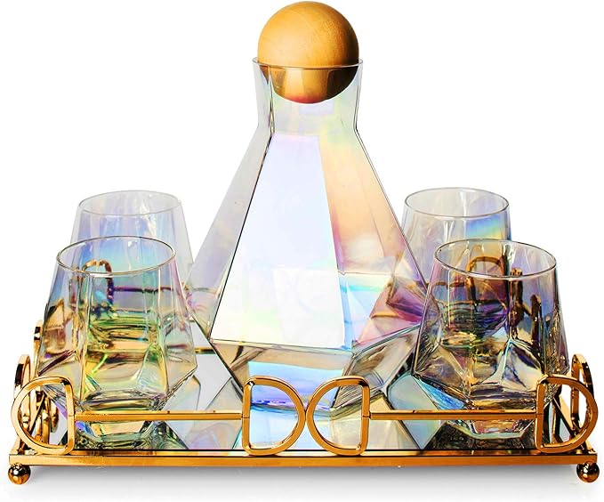 Iridescent Whiskey Decanter Diamond shaped With 4 Diamond Glasses & Mirrored Gold Tray Holder – 750ml Elegant Handcrafted Crafted Glass - Wine, Liquor, Scotch, Bourbon, Vodka, Tequila, Great Gift Idea