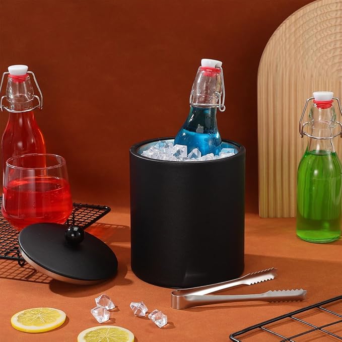 NUOBESTY Stainless Steel Ice Bucket with Lid and Tongs, Black Wine Chiller and Bubbly Cooler Beverage Serving Bucket for Bar Party, Cocktail Station, Home Entertaining (7.28 x 5.51 in)
