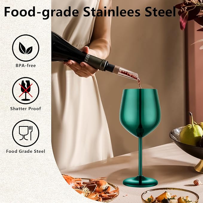 Stainless Steel Wine Glasses Set of 4 Unbreakable Green Wine Glass 18 oz Unique Metal Wine Goblets for Outdoor, Travel, Camping, Pool, Ideal Gift for Wine Lovers