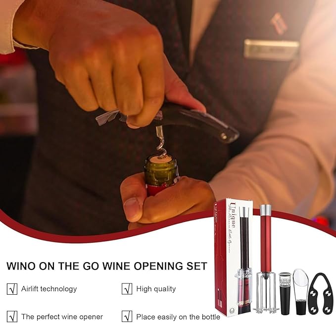 1 Wino on the Go Lovers Gift Set, 4-in-1 Wino on the Go Set, With Air Pressure Pump, Foil Cutter, Wine Pourer & Vacuum Stopper, Efficient Corkscrew Bottle Opener for Home Bar(Red)