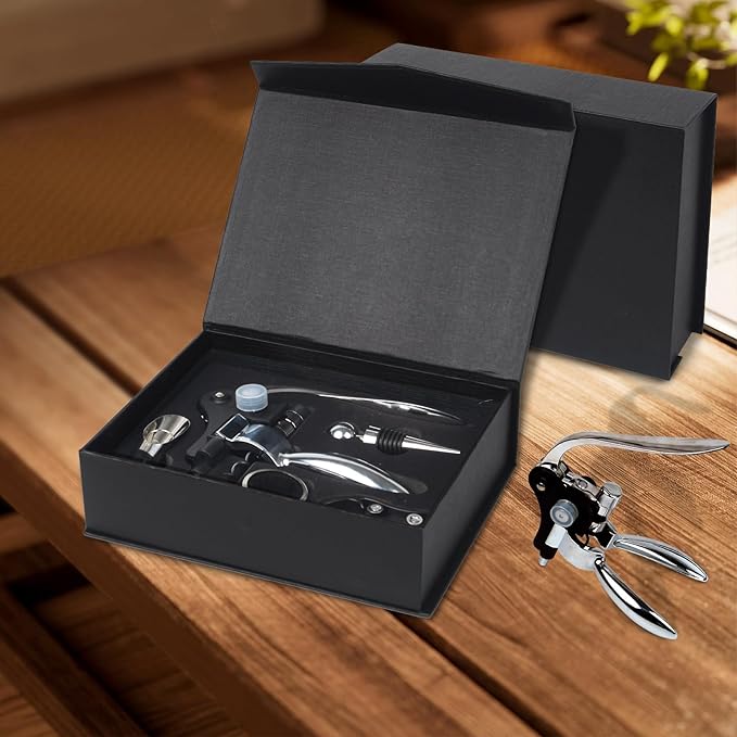 Silver Wine Corkscrew Opener Set - Luxury Wine Bottle Opener Kit for All Wines, Stainless Steel with Black Gift Box (Ideal Wine Gift, Premium Packaging)