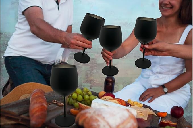 K&K Home Black Matte Stainless Steel Unbreakable Black Wine Glasses - 18 oz - Set of 4 Colored, Stemmed Metal Wine Glasses Perfect for Outdoors, Weddings, and Parties
