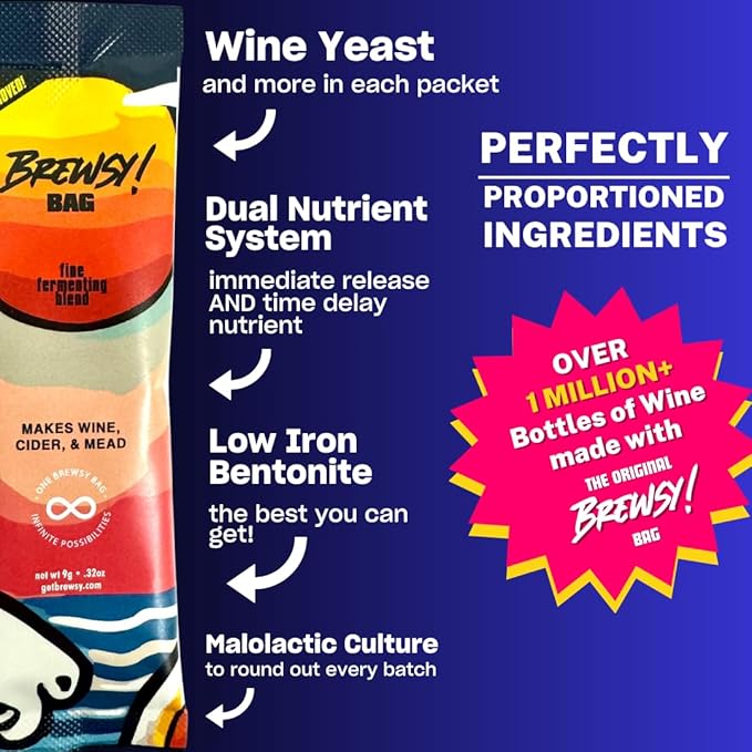 Brewsy Starter Kit for Wine Making - Custom Wine Kit - 4 Bottles in 9 Days - Red or White Wine - Use Any Juice