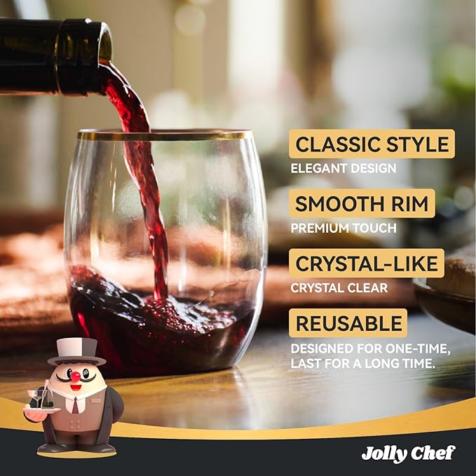 JOLLY CHEF 12 oz 40 Pack Gold Plastic Wine Glasses Stemless, Shatterproof, Unbreakable, Crystal, Disposable Plastic Wine Cups for Party, Halloween, Christmas, Thanksgiving