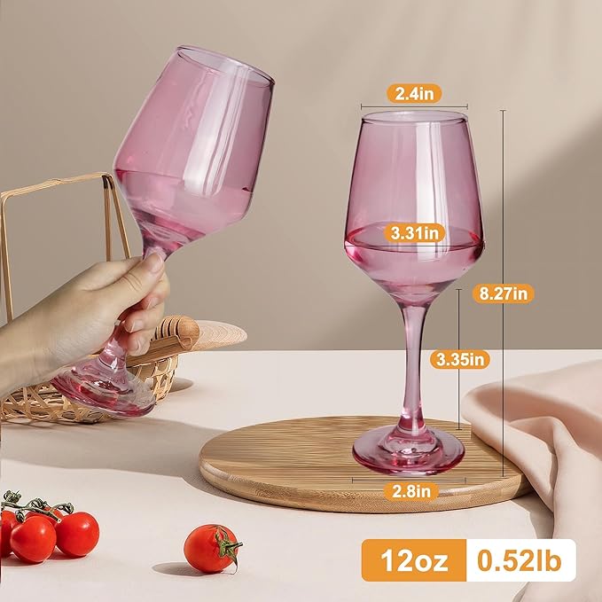 Pink Wine Glasses Set of 6, 12oz Stemmed Glasses, Thick & Colored, Dishwasher Safe Stemware for Red or White, Gift for Party, Holiday, Anniversary, Restaurant, Home Bar, Daily Use