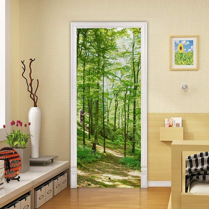 3D Forest Peel & Stick Wall Mural - 34.6 x 78.7 inch Self-Adhesive, Removable, Waterproof PVC Door Decal for Bedroom Living Room Decoration