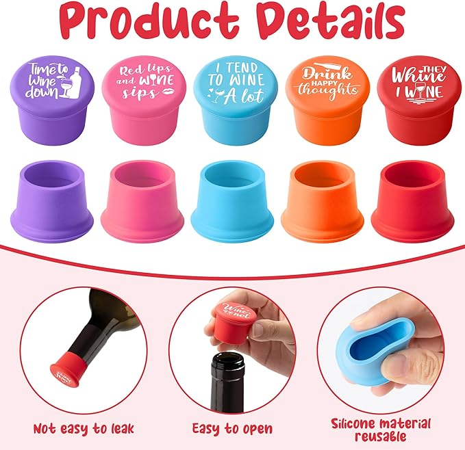 10Pcs Wine Stoppers Set Funny Live Love Wine Pattern Silicone Bottle Covers Gift for Women, Reusable Beverage Corks Strong Sealing Liquor Accessories for Outdoor Picnic Barbecues Party Bars