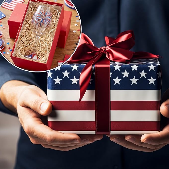 SiliFine 4 Pcs Independence Day 4th of July Party Stemmed Wine Glasses Hand Painted Fireworks USA American Flag Star Drinking Cup Wine Glasses Gifts for Birthday Theme Holiday Party Supplies
