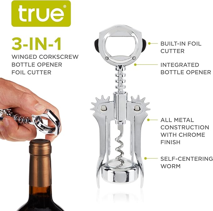 True Winged Corkscrew Wine Opener Manual, Heavy Duty Stainless Steel with Chrome Finish Cork Openers, Home Bar Accessories, Bar Tools, Set of 1 Silver