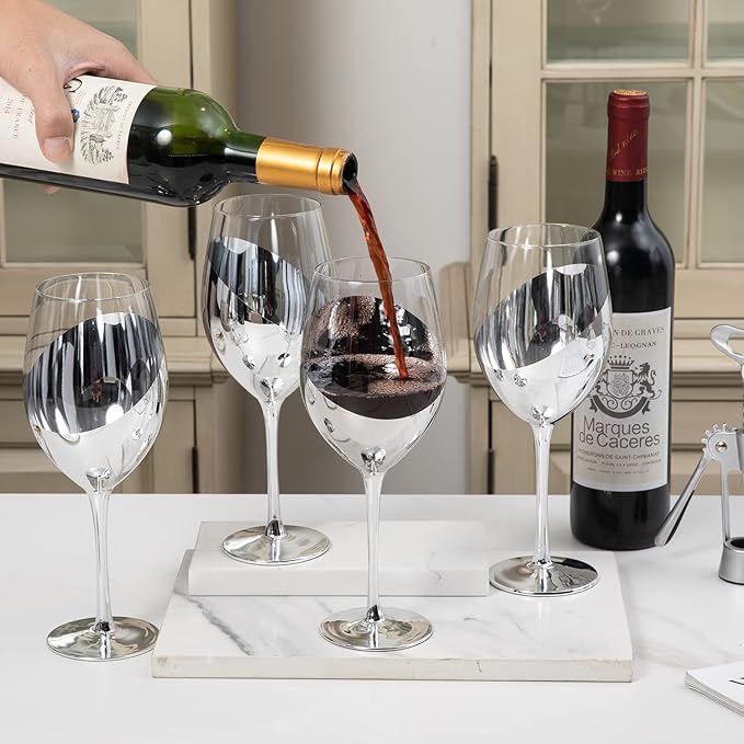 MyGift Modern Silver Long Stemmed Wine Glasses for White or Red Wine with Elegant Angled Design, Set of 4