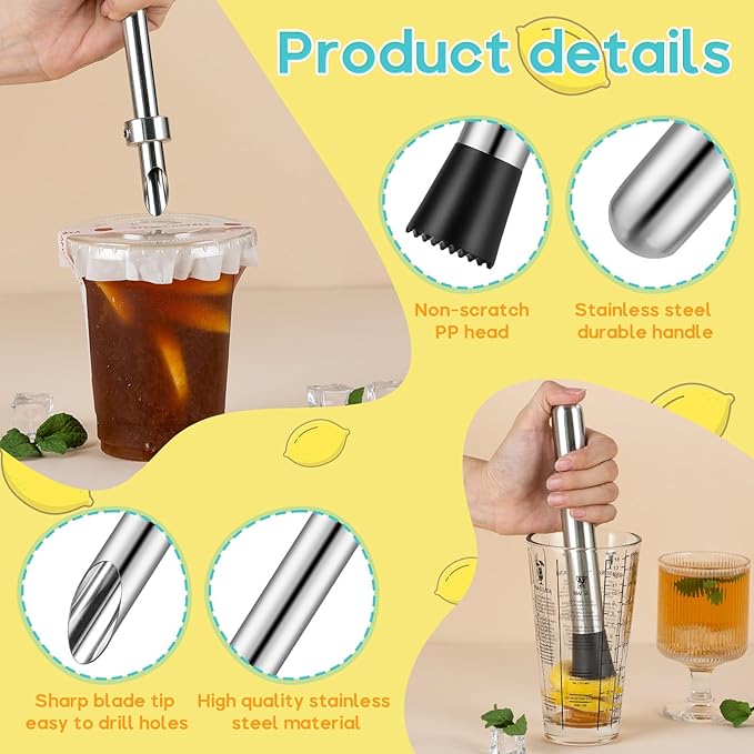ZPUFAW 5Pcs Set Straw Puncher for Lemonade Plastic Lids Cups with Muddler, Bar Spoon, Jigger, 304 Stainless Steel Straw Hole Puncher