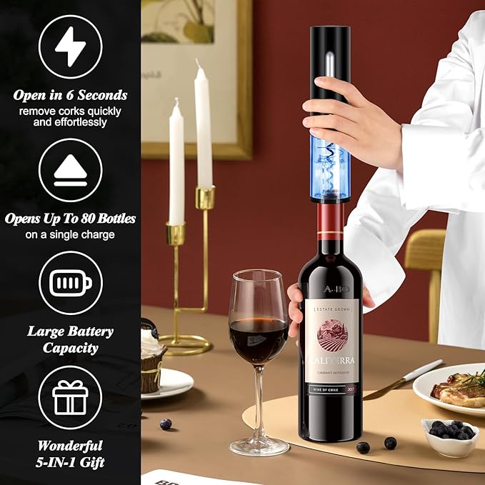 Philorn Electric Wine Opener, Automatic Electric Wine Bottle Corkscrew Opener, Gift for Home Party Bar Outdoor，Rechargeable