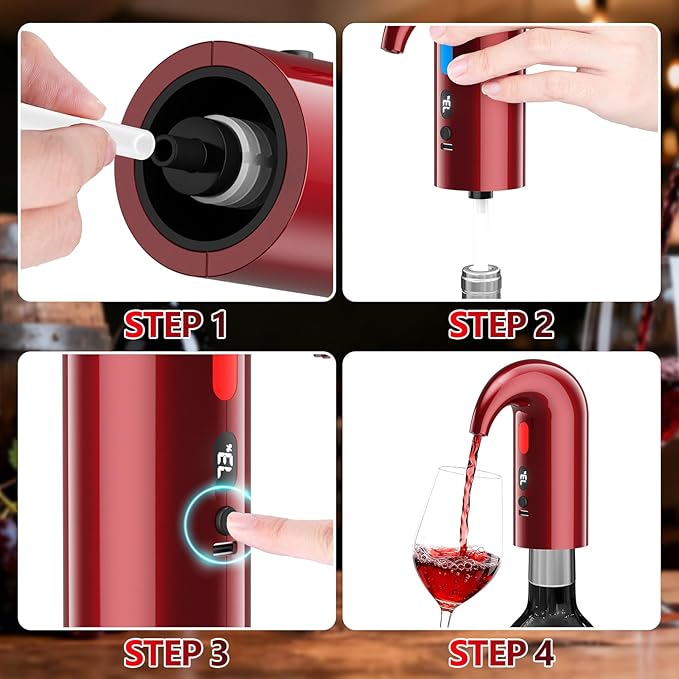 Fathers Day Gift Electric Wine Aerator & Dispenser – 1-Touch Instant Aeration, Precision Pouring & Temp Display – USB Rechargeable Gift Edition for Parties, Holidays & Wine Lovers (Red)