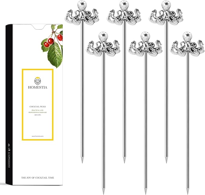 Homestia Metal Cocktail Picks for Drinks, 4.6" Octopus Cocktail Toothpicks Cocktail Garnish Cocktail Swords, 6Pcs Fancy Martini Picks Olive Picks, Vintage Cocktail Pins Cocktail Accessories