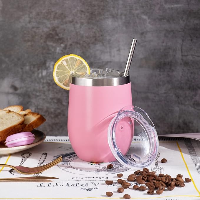 12 oz Insulated Wine Tumbler with Lid and Straw,Stainless Steel Stemless Wine Tumbler Glasses Double Wall Vacuum Wine Cups Tumbler Bulk for Coffee,Champaign,Cocktail,Office（Pink,1）