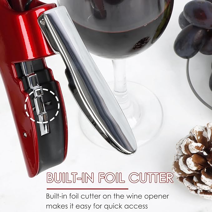 KAYCROWN Stainless Steel Wine Bottle Opener, Compact Vertical Lever Corkscrew with Foil Cutter and Extra Spiral, Manual Handheld Corkscrew with Ergonomic Lever Pump (Red)