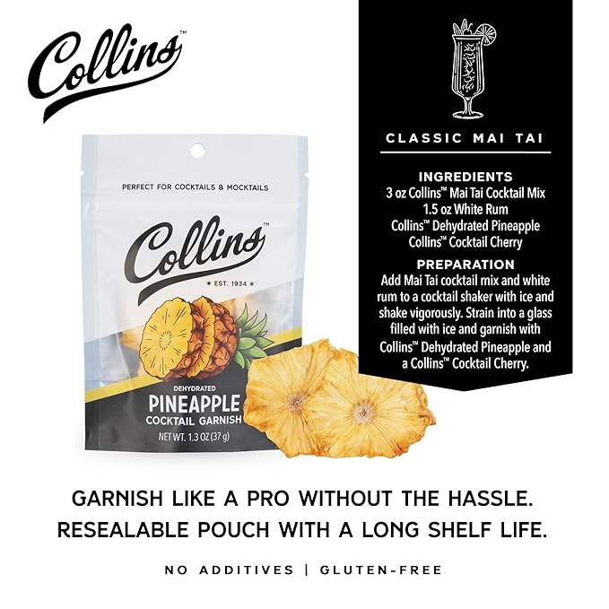Collins Dehydrated Pineapple Cocktail Garnish Slices, 1.3 oz – Made In USA – Perfect for Piña Coladas, Mai Tais, Mocktails & Desserts – Premium Drink & Food Garnish – 1.3 oz