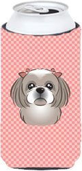 Caroline's Treasures BB1250TBC Checkerboard Pink Gray Silver Shih Tzu Tall Boy Hugger Can Cooler Sleeve Hugger Machine Washable Drink Sleeve Hugger Collapsible Insulator Beverage Insulated Holder