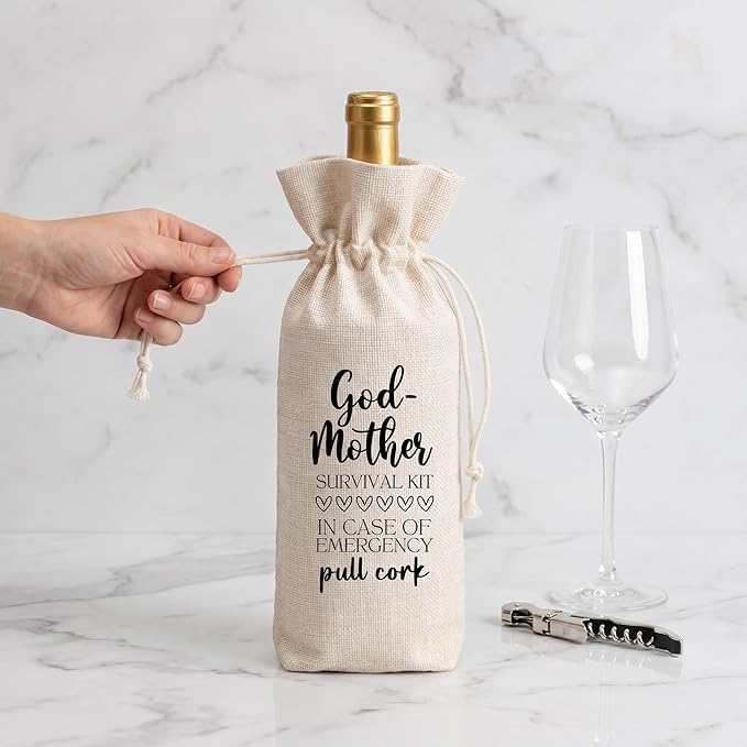 Funny Godmother Survival Kit Wine Bag, Linen Drawstring Wine Bottle Gift Bag, Reusable Wine Pouch for Godmother Proposal Baptism Birthday Mother's Day, 13 x 5.7 Inch - A02