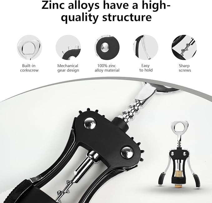 Wine Opener, Zinc Alloy Wine Bottle Opener, Wing Corkscrew Wine Bottle Opener, 2-in-1 Multifunctional Design (black)