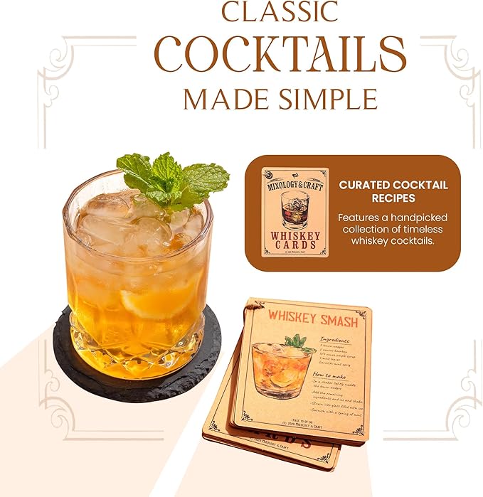 Mixology & Craft Premium Whiskey Set | Two 10oz Cystal Old-Fashioned Glasses, 8 Granite Chilling Stones, Metal Tongs, Recipe Cards in Rustic Wooden Crate Gift Set | Jameson Whiskey