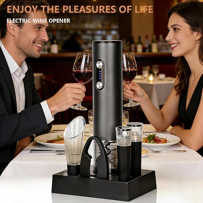 Rechargeable Electric Wine Opener 7-in-1 Gift Set, Automatic Wine Bottle Opener with Charging Base, Foil Cutter, Aerator Pourer & 2 Vacuum Stoppers for Wine Lovers