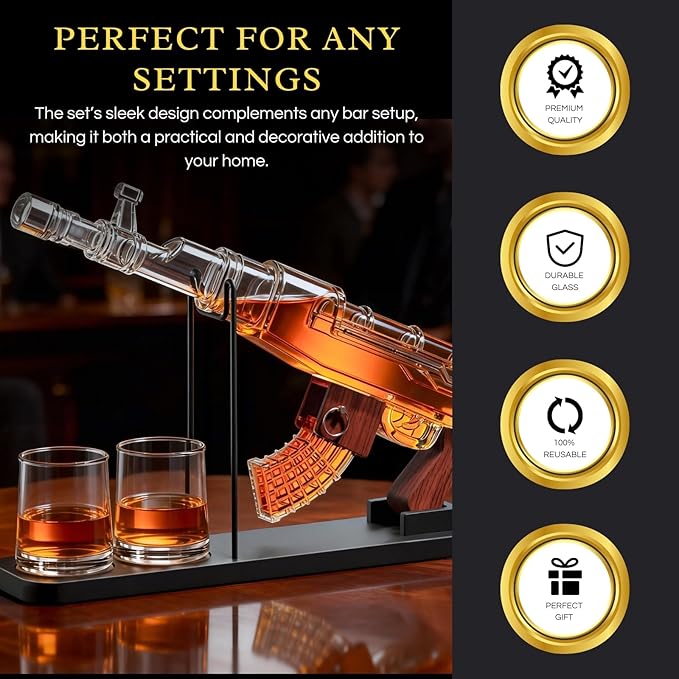 Gifts for Men Dad, Guns Whiskey Decanter Set for Men - Gun Decanter, Detachable Magazine & 2 Full Size Whiskey Glasses, Liquor Dispenser for Bar, Cool Anniversary Birthday Military Present Ideas Gift