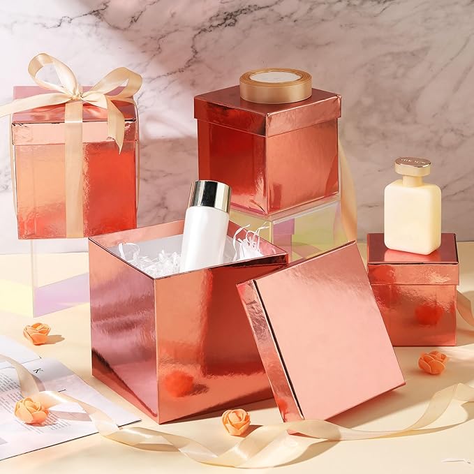 Cholemy 5 Pcs Square Nesting Boxes Decorative Gift Boxes with Lid and Ribbon Assorted Sizes Wrap for Wedding, Carnival, Anniversary, Birthday, Bridal Shower Party Gifts(Shiny Rose Gold)