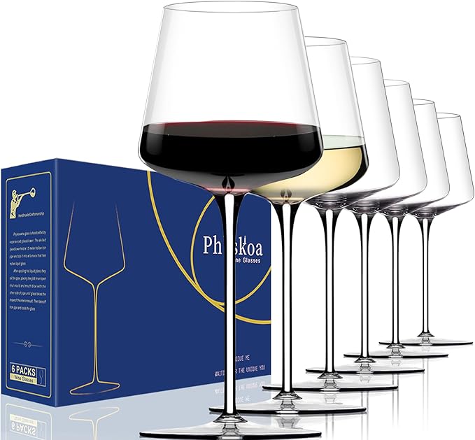 Physkoa White Red Wine Glasses Set of 6 – 18oz Clear【Hand Blown】 Crystal Wine Glass – Tall Long Stem Modern Wine Glasses – Square Wine Glass with flat bottom