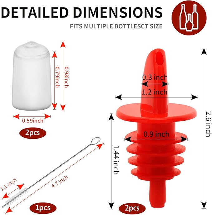 2 PCS Bottle Pourers And 2 PCS rubber pourers dust cap covers Syrup Pourer Pour Spouts Plastic Liquor Bottle Pourers with Rubber Pourers Dust Cap Covers Bottle Pourers (Red)