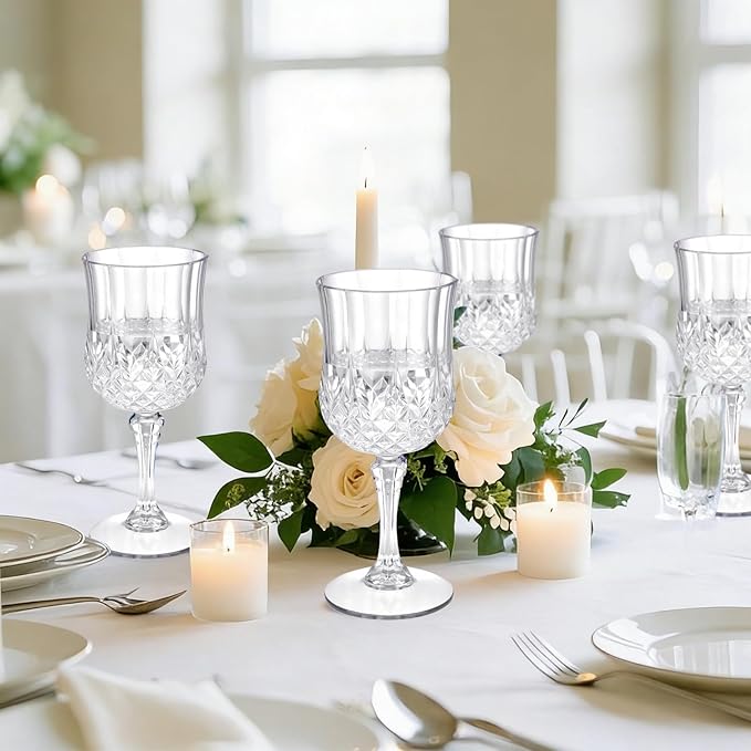 7OZ Plastic Wine Glasses, Disposable Goblets Drinking Glasses Crystal Vintage Water Cups Unbreakable Champagne for Wedding, Parties, Valentine's Day (Transparent)