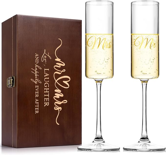 Mr and Mrs Champagne Flutes Set of 2, Crystal Bride and Groom Champagne Glasses, Engagement Bridal Shower and Registry Gifts for Couple Newlyweds, Wedding Anniversary Toasting Glasses with Wooden Box