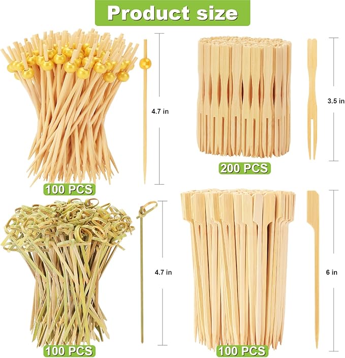500PCS Cocktail Picks Kit, 4 Styles Fancy Toothpicks for Appetizers, 3 Sizes Long Bamboo Skewers, Decorative Wooden Cocktail Sticks for Party Supplies Food Drinks Fruit Charcuterie Boards Accessories