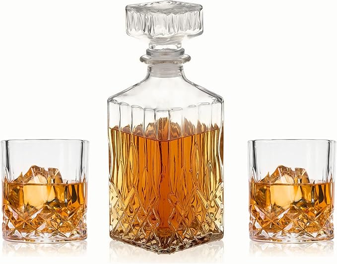 Whiskey Decanter Set,800ML Elegant Liquor Carafe with Ornate Glass Stopper and 2 Matching Whisky Tumblers–Whisky,Scotch, Liquor, Wine, Bourbon, Gin, Rum, Tequila, Vodka and Brandy (Iceberg Style)
