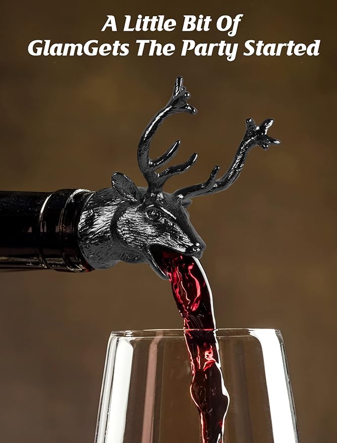 Deer Stag Head Wine Aerator Pourer Spout, Elk Olive Oil Liquor Bottle Decanter, Dark Grey Plated Creative Gifts for Alcohol Spirits Whiskey