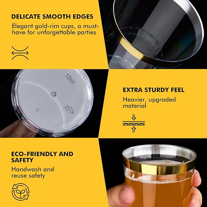 RACETOP 200 Pack 12oz Gold Rimmed Plastic Cups, Heavy Duty Disposable Glasses, Elegant Disposable Hard Cups for Party, Thanksgiving, Wine Taesting, Birthday and Christmas.
