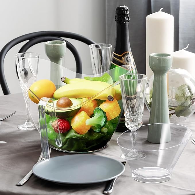 6 Pcs Serving Candy Bowls and 2 Pcs Ice Bucket with 2 Tongs for Parties, 4L Plastic Champagne Cooler Bucket, 7oz Clear Acrylic Candy Bowl Containers for Buffet Birthday Banquet Family Party