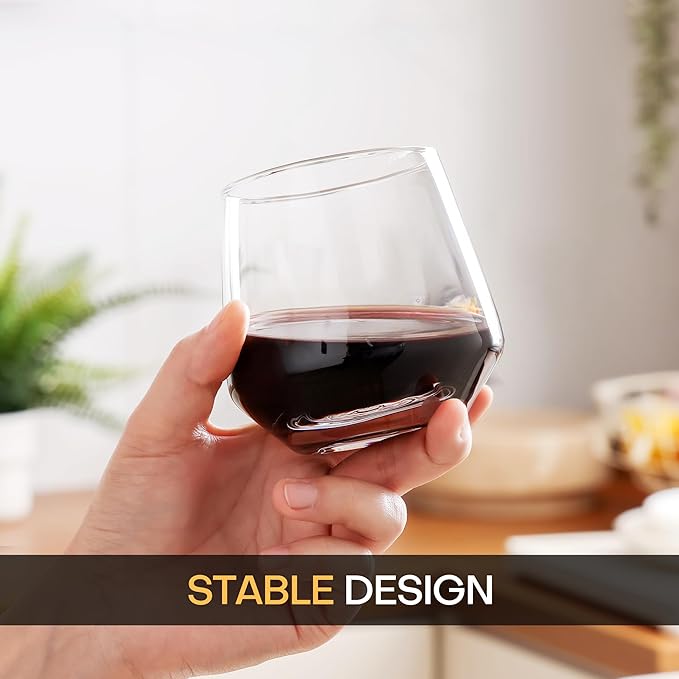 Stemless Wine Glasses Set of 6, 13.5oz Red White Wine Glasses for Daily Use, Hosting, Home Bar, Evening Party, Birthdays, Housewarming Gift, Clear